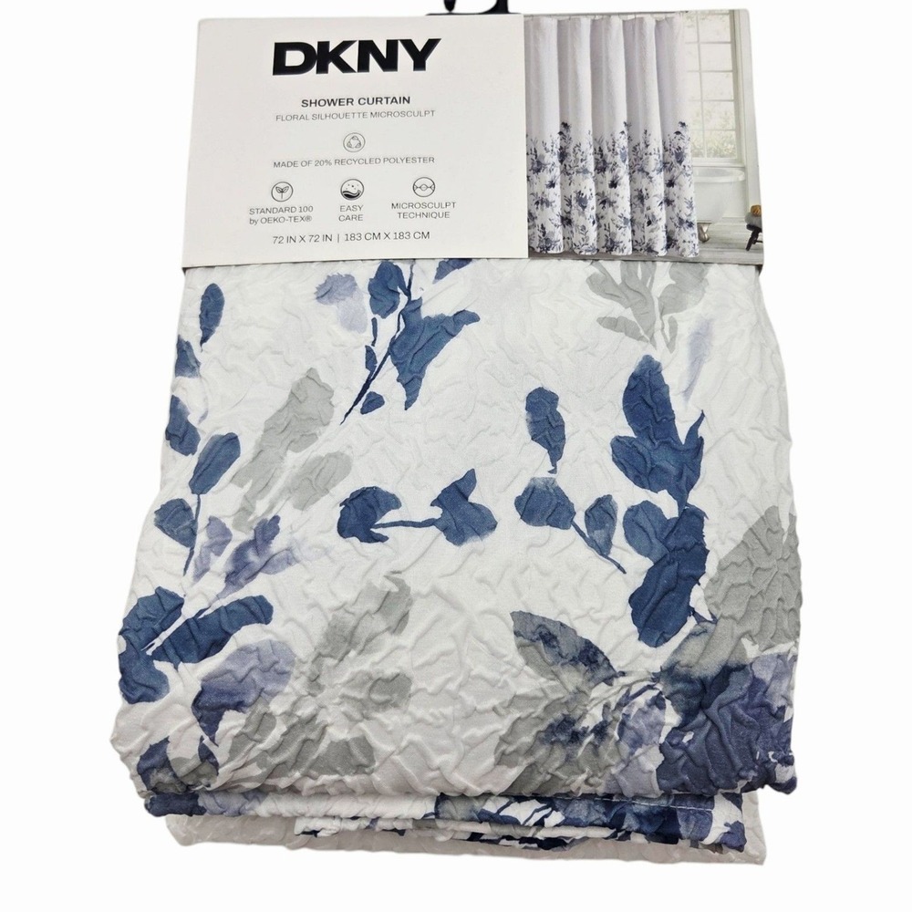 DKNY Floral Silhouette Microsculpt Fabric Shower Curtain White Blue 72x72inch